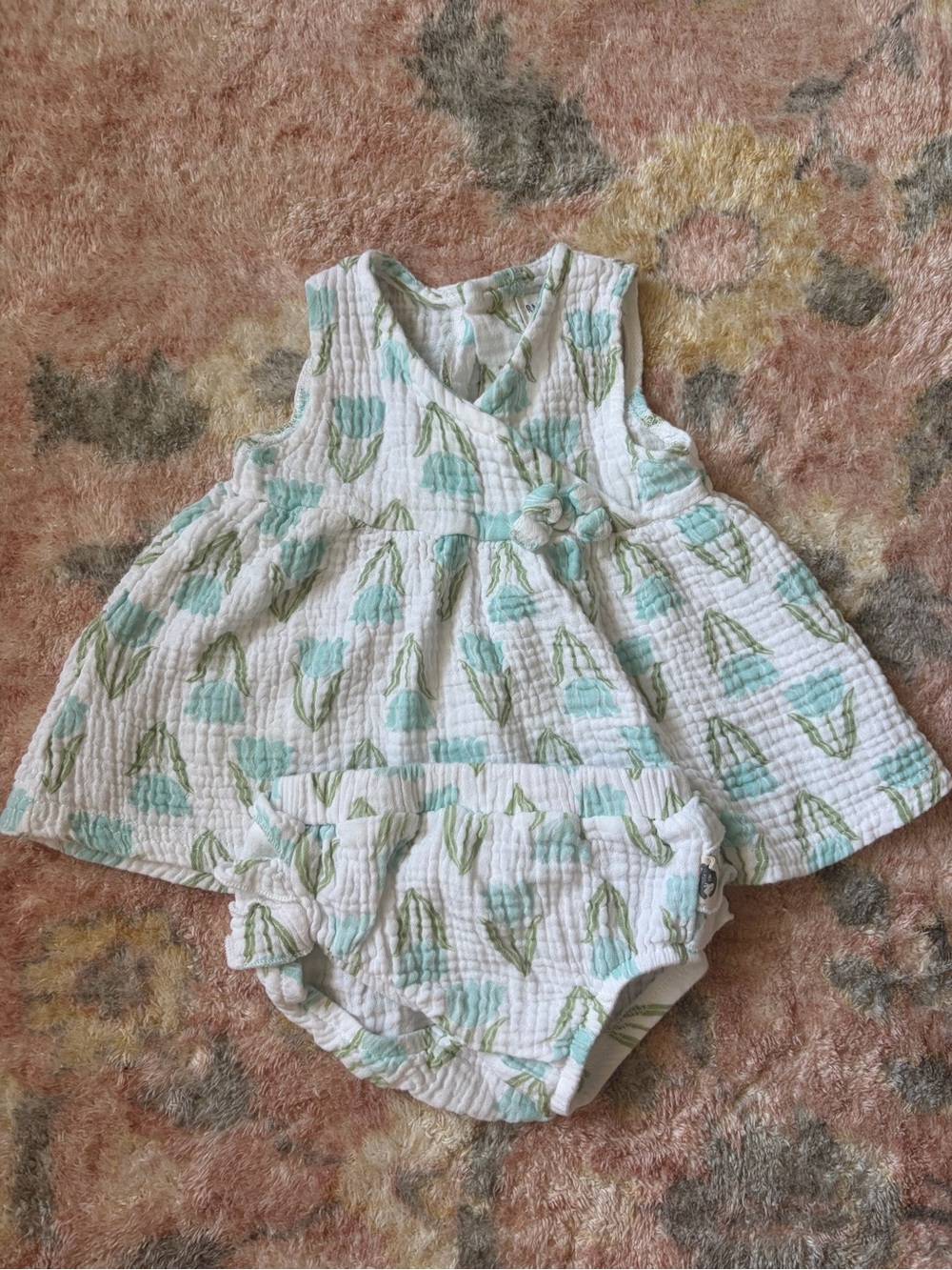 Baby Tulip Muslin Dress & Bloomers - White and Mint
